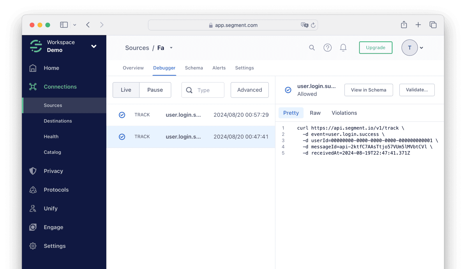 Segment event debugger
