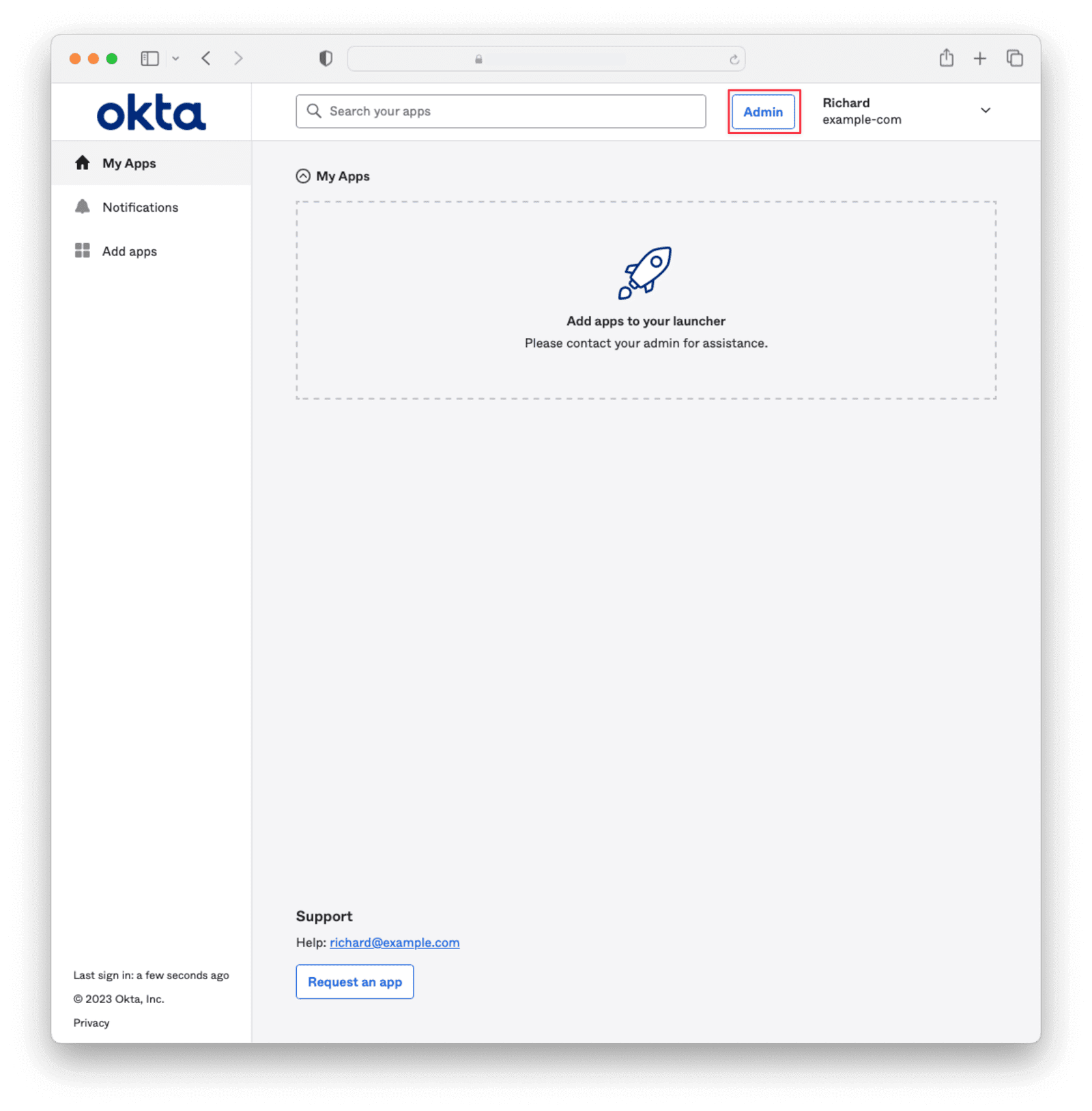 Okta admin button.