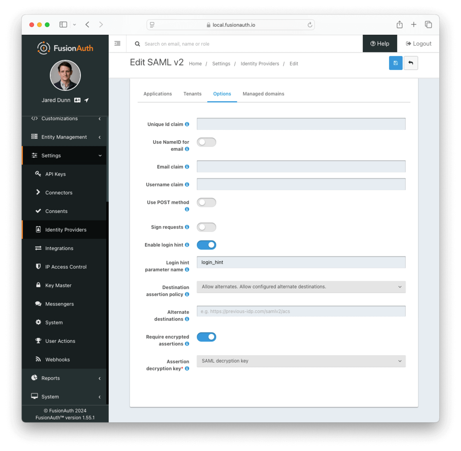 Add SAML v2 Options section