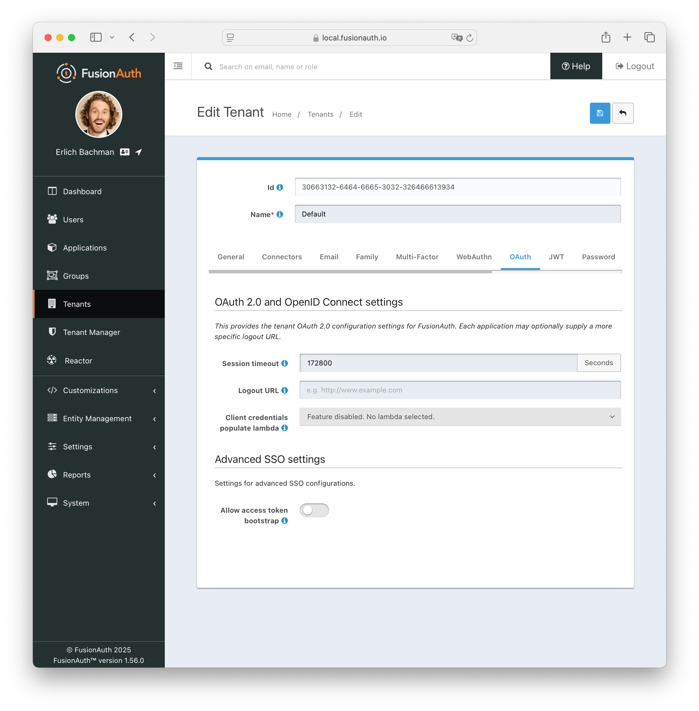 Advanced SSO settings with allow access token bootstrap.