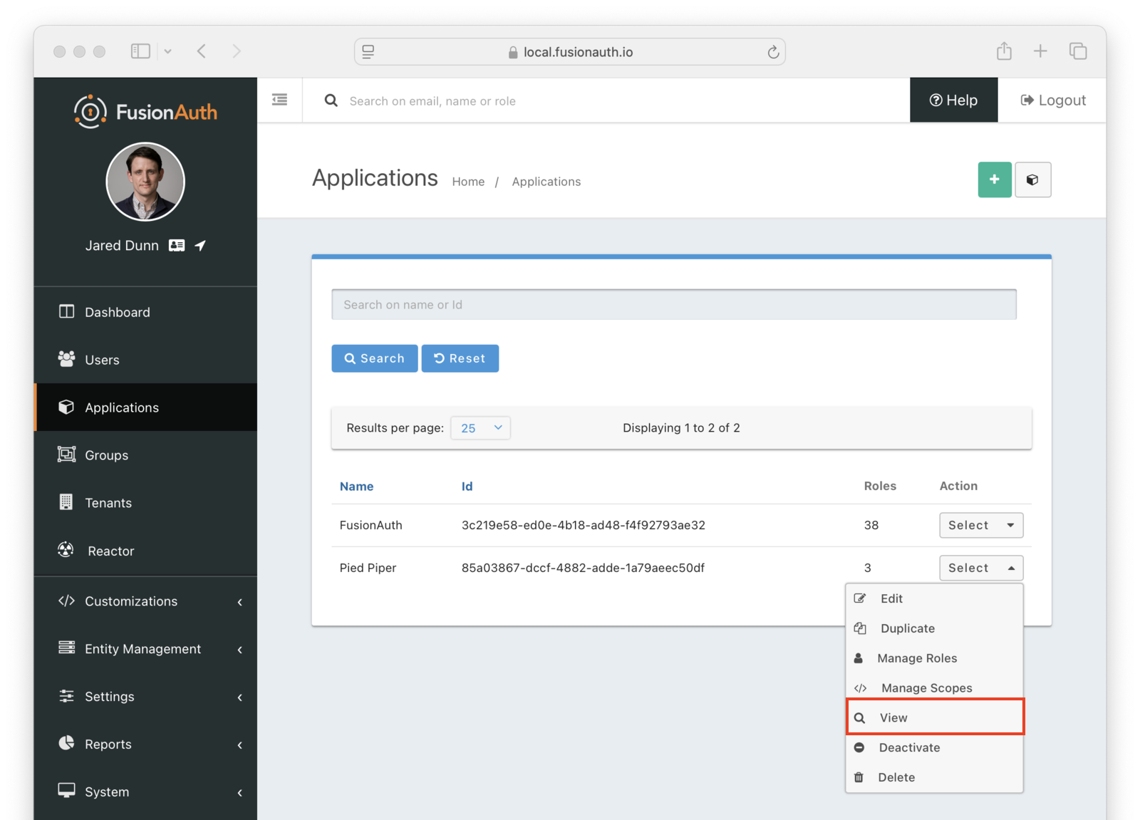 View icon on the Application listing page