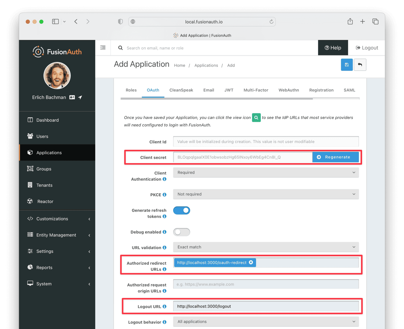 Application OAuth Settings in FusionAuth