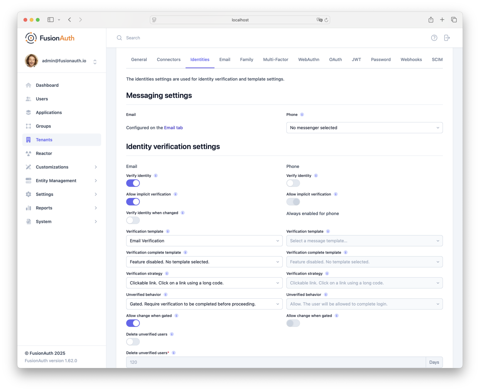 Identity verification settings for Email in the Tenant configuration