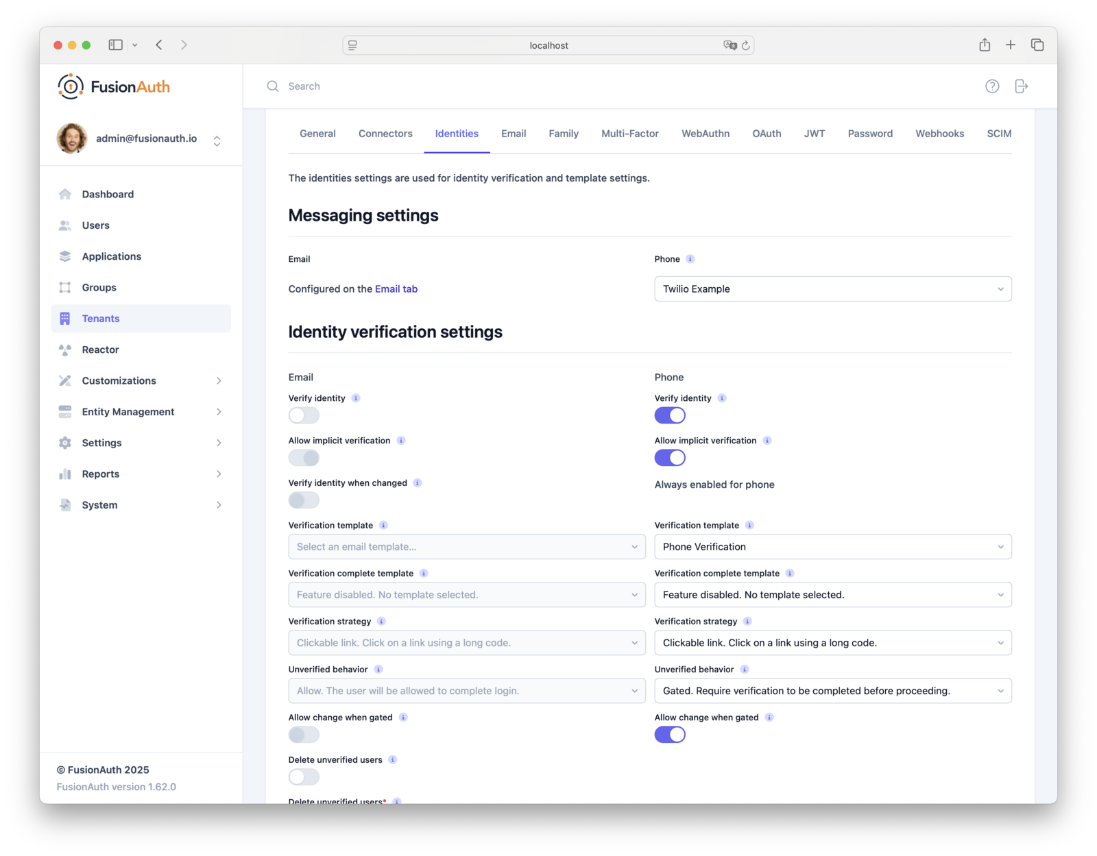 Identity verification settings for Phone in the Tenant configuration