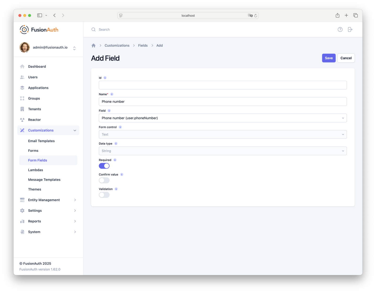The Form Field configuration for user.phoneNumber, set to Required