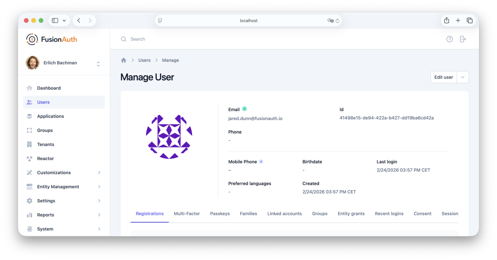 The User Manage page with the Email verified checkmark icon