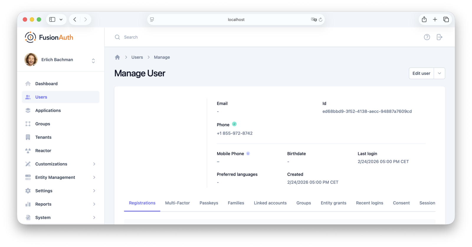 The User Manage page with the Phone verified checkmark icon