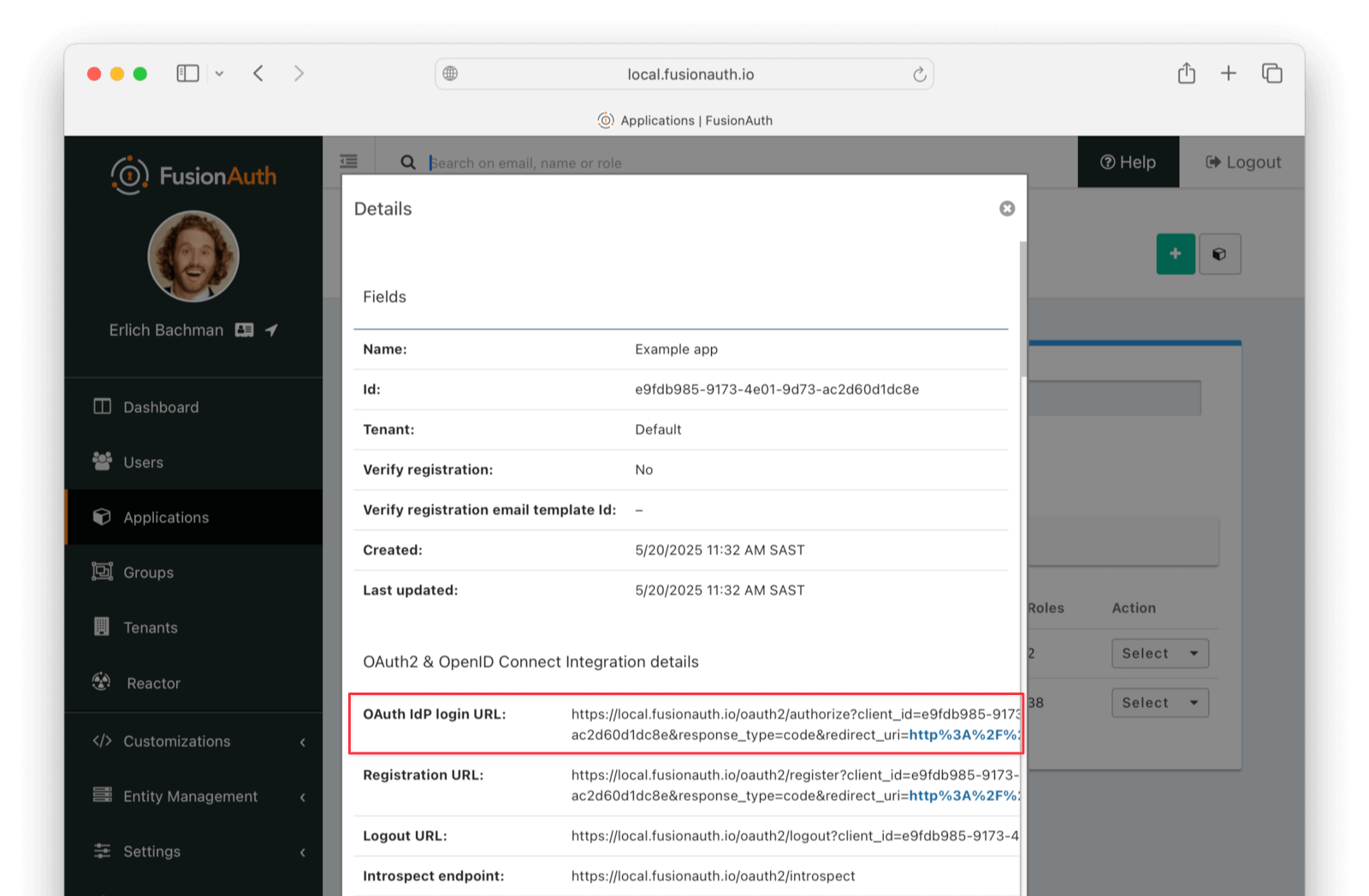 Test application login URL