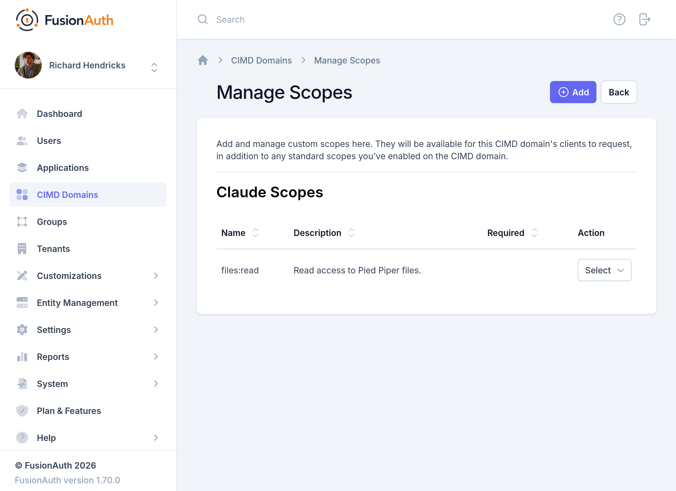 The Manage Scopes page for a CIMD domain.