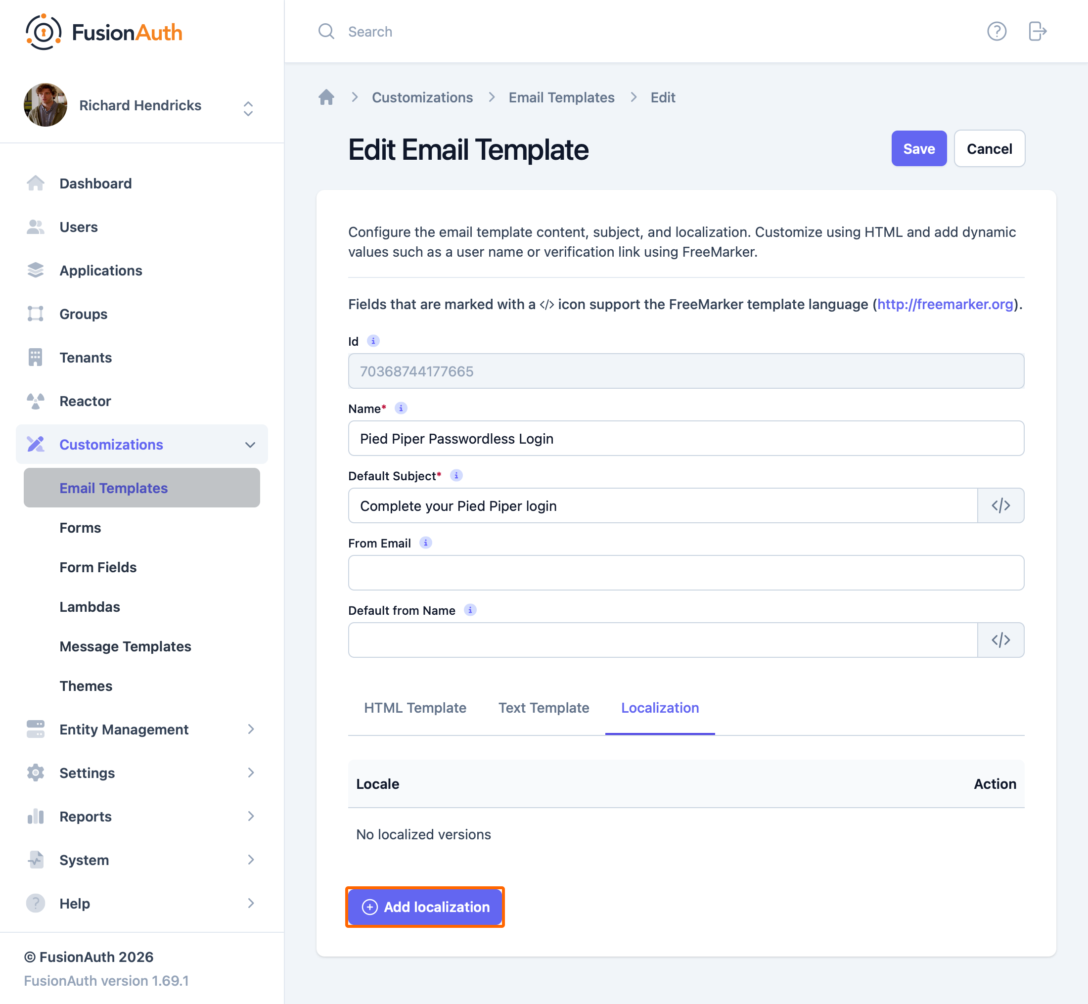 The localization settings for an email template, with the Add localization button highlighted.