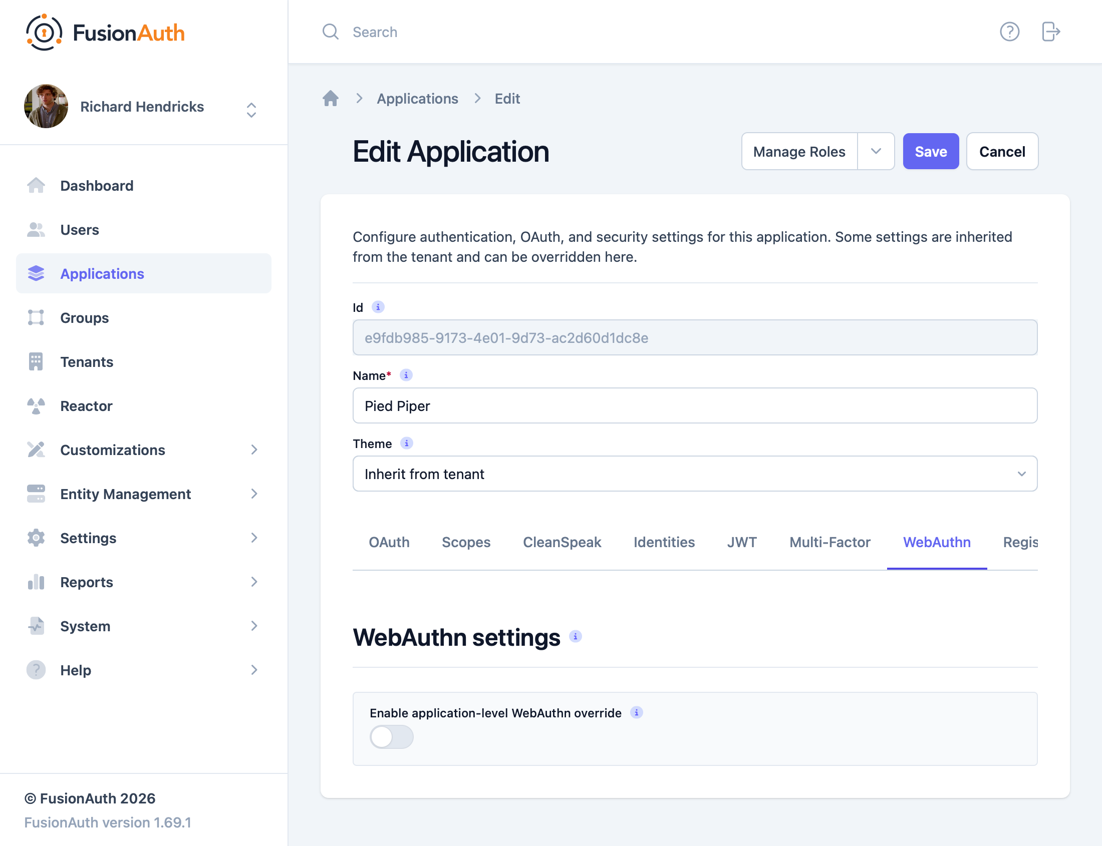 The application WebAuthn configuration settings.