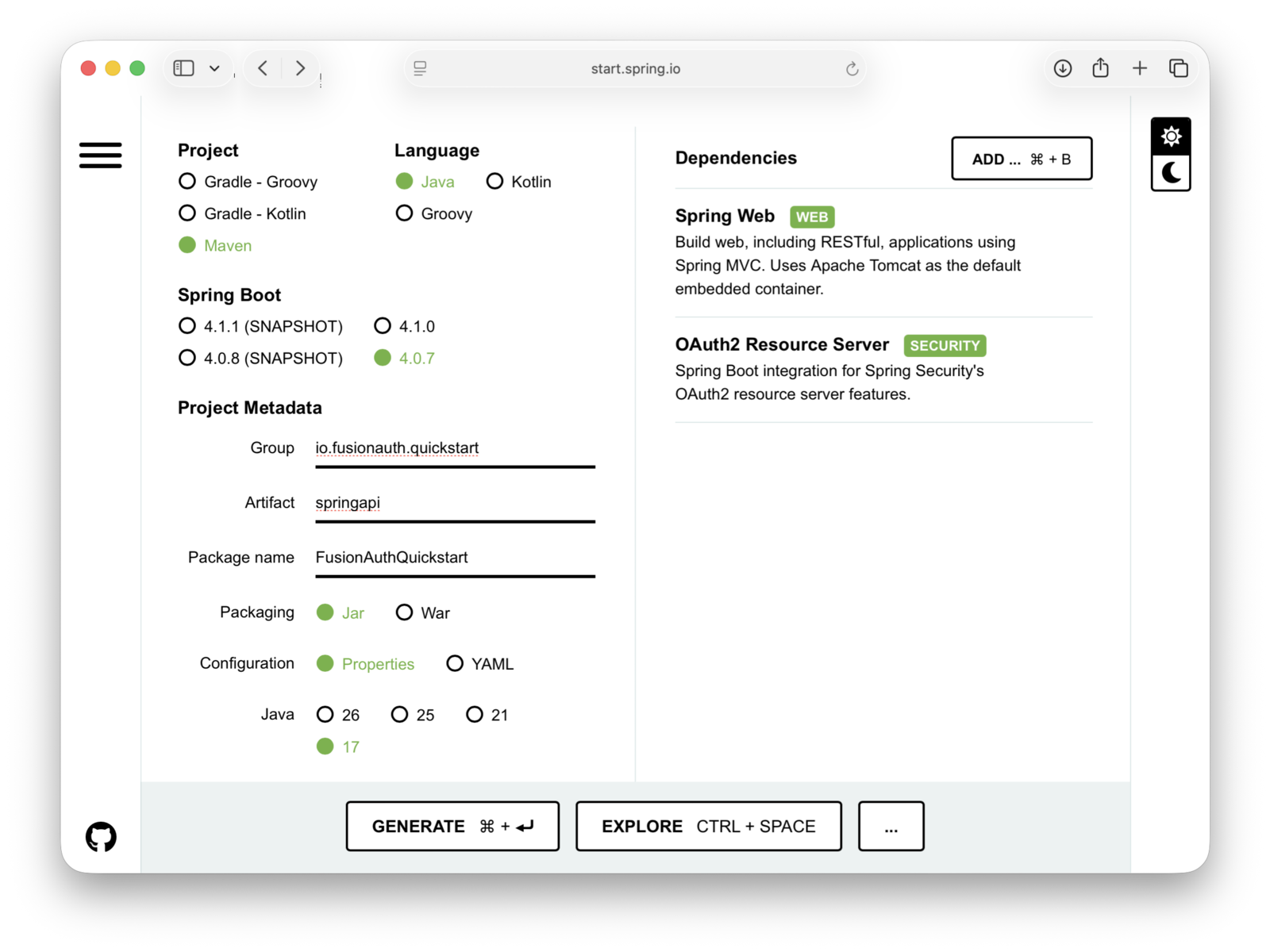 The Spring Initializr form configured with Group io.fusionauth.quickstart, Artifact springapi, Name FusionAuthQuickstart, Spring Boot 4.0.7, Java 17, and the OAuth2 Resource Server and Spring Web dependencies added.