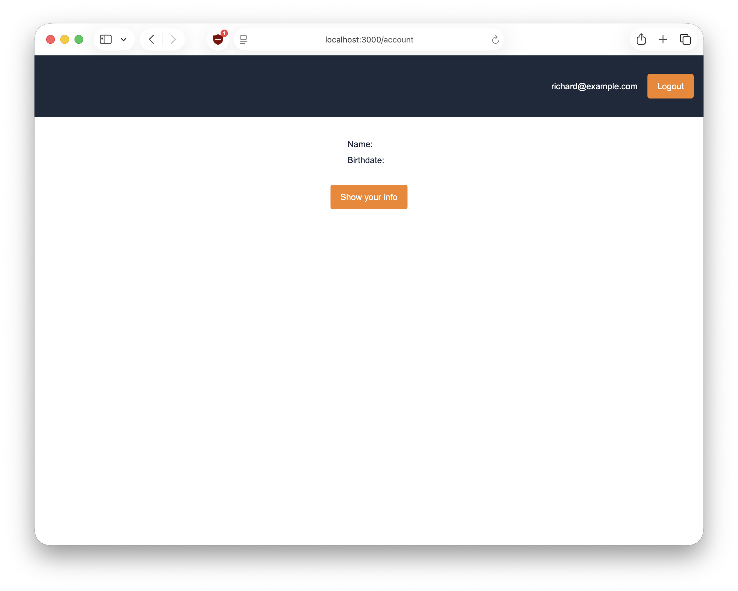 The home page, now ready to show user data.