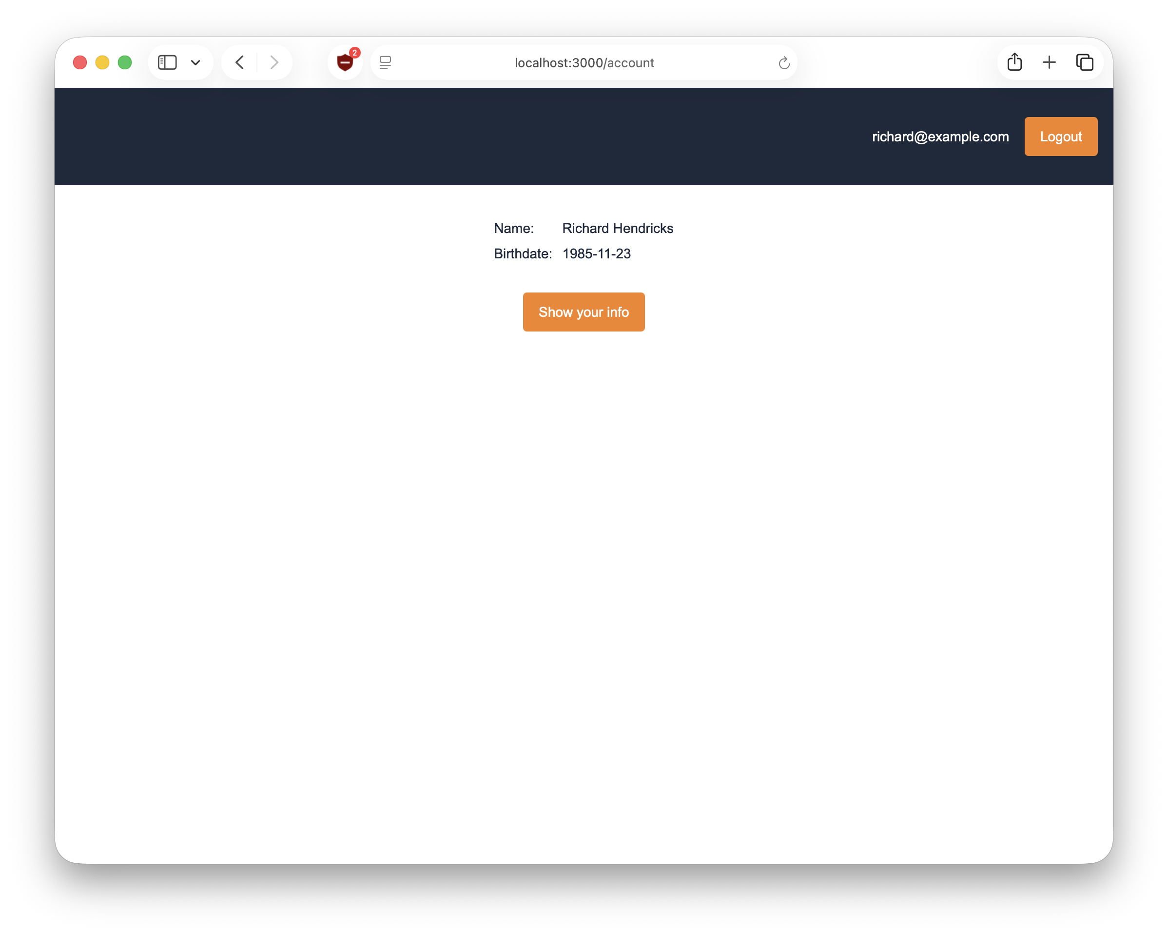 The home page, now ready to show user data.